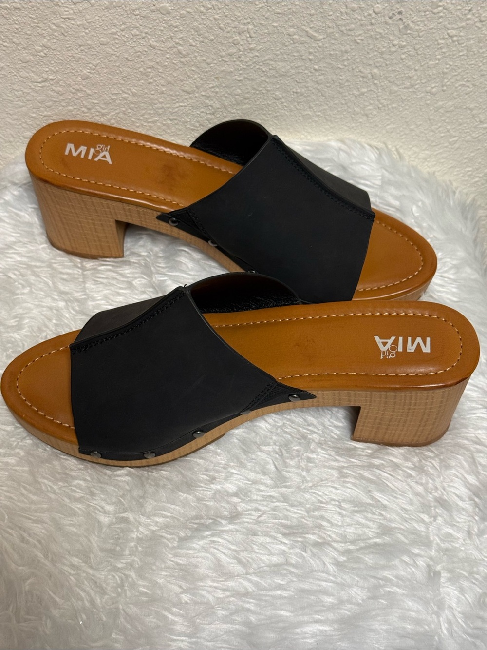 MIA Black Slide Sandals with Wood-Look Block Heel